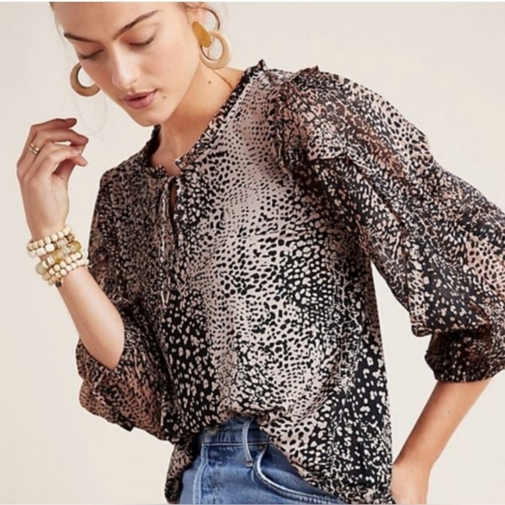 ANTHROPOLOGIE Maeve Leopard Print Ruffle Sleeve Blouse Size XS